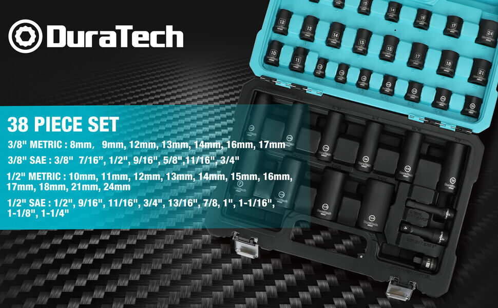 DURATECH 38 PC Impact Socket Set 1/2"&3/8" Metric/SAE Sockets w/Impact Adapter
