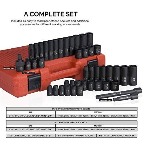 NEIKO 02443A 3/8" & 1/2" Drive Master Impact Socket Set |38 Piece |Standard, New