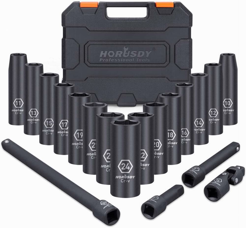 1/2-Inch Drive Deep Impact Socket Set 19 Pieces Axle Hub Nut 6-Point Metric CR-V