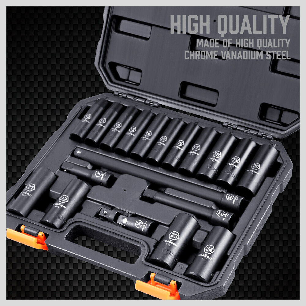 1/2-Inch Drive Deep Impact Socket Set 19 Pieces Axle Hub Nut 6-Point Metric CR-V