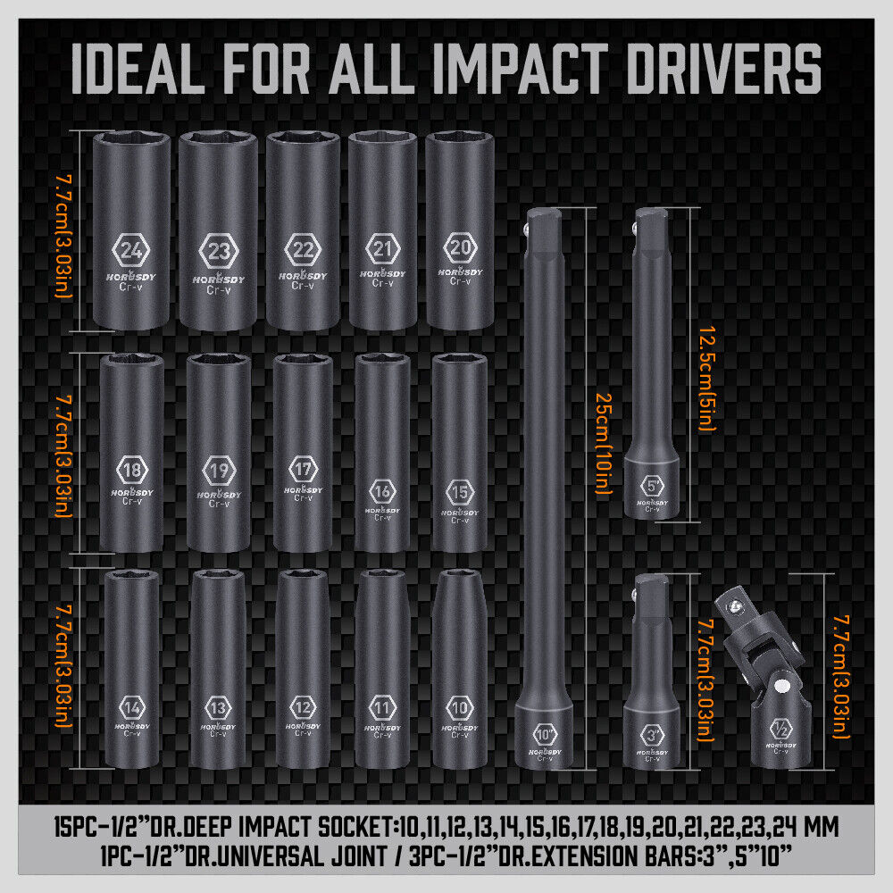 1/2-Inch Drive Deep Impact Socket Set 19 Pieces Axle Hub Nut 6-Point Metric CR-V