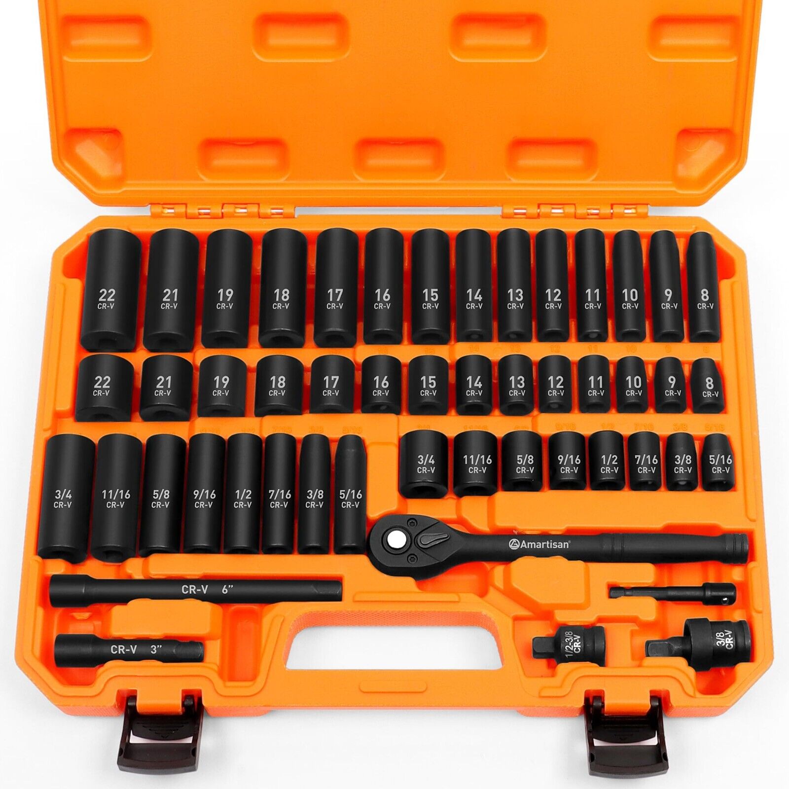 3/8" Drive Impact Socket Set, 6 Point, 50-Piece Standard Metric (8-22Mm) and SAE