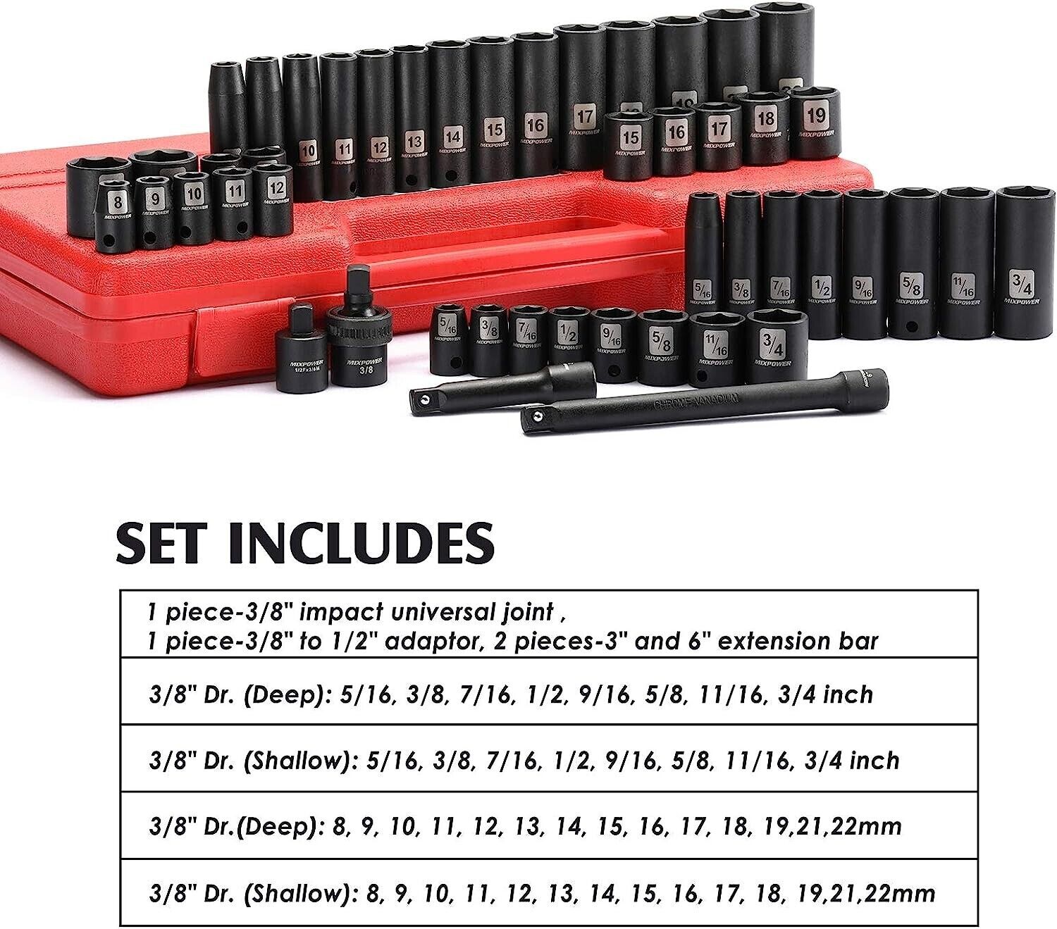 3/8" Drive Deep Impact Socket Set, 6 Point, 48 Piece Standard SAE and Metric