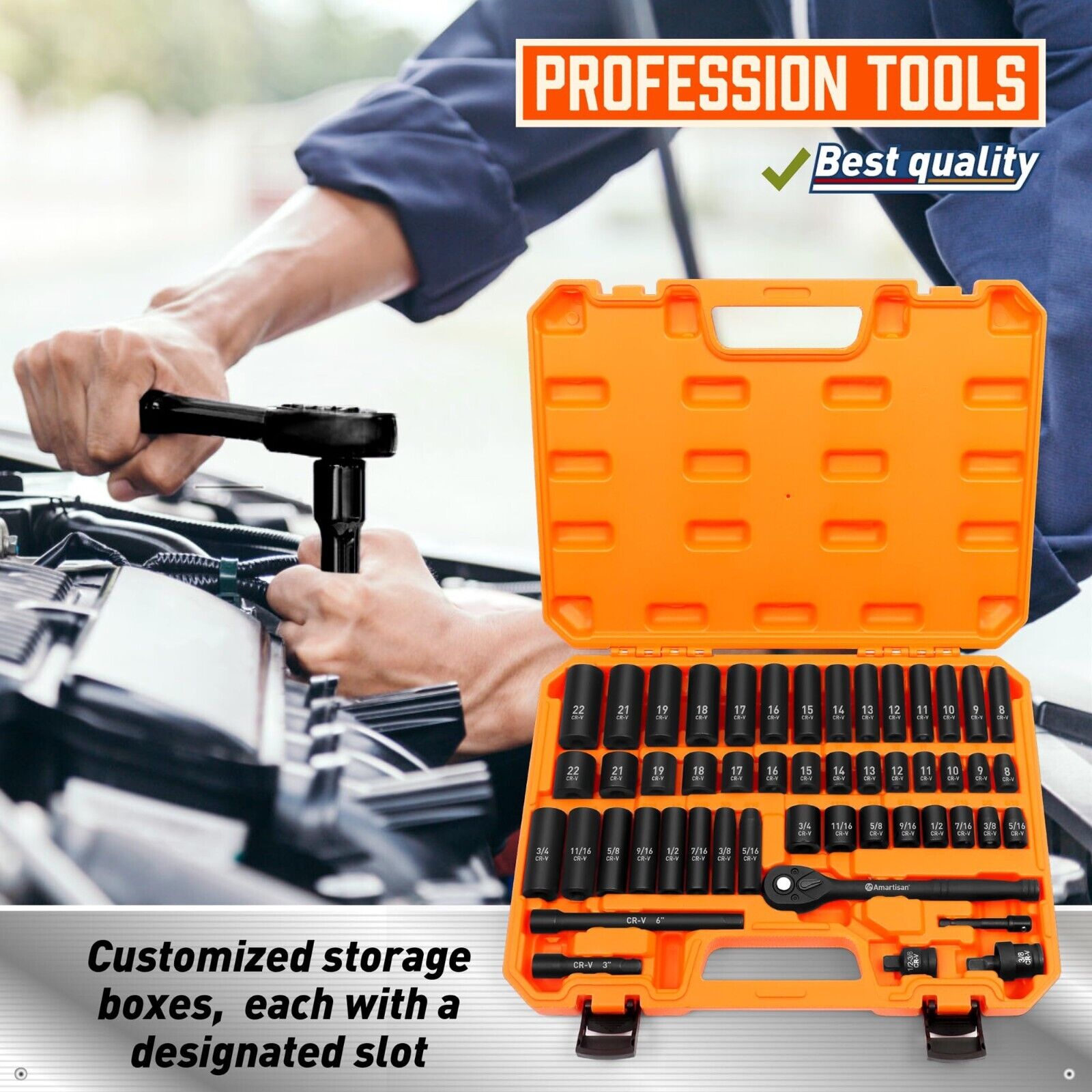 3/8" Drive Impact Socket Set, 6 Point, 50-Piece Standard Metric (8-22Mm) and SAE
