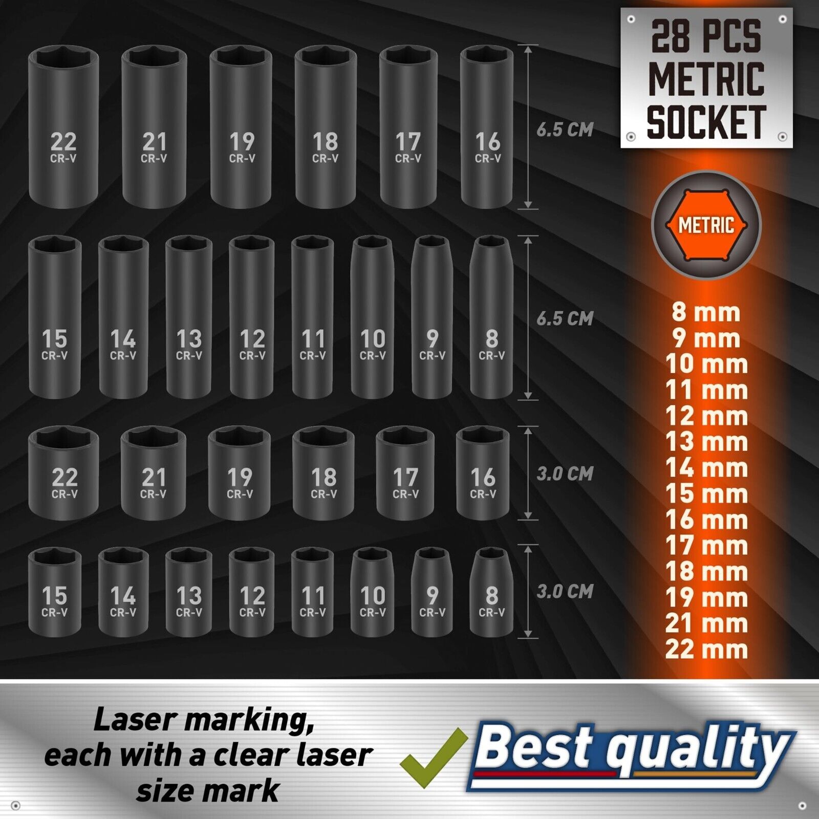 3/8" Drive Impact Socket Set, 6 Point, 50-Piece Standard Metric (8-22Mm) and SAE