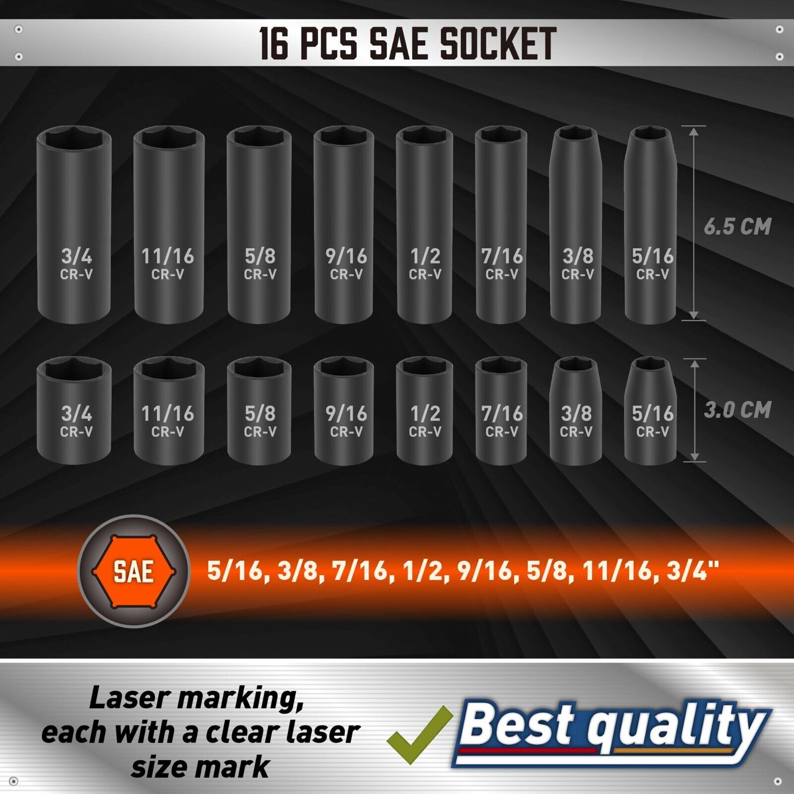 3/8" Drive Impact Socket Set, 6 Point, 50-Piece Standard Metric (8-22Mm) and SAE