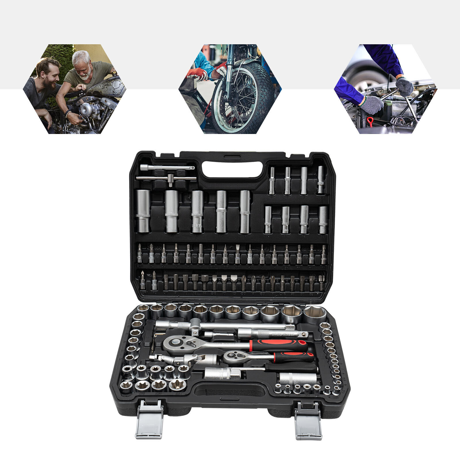 Ratchet Wrench Mechanics Tools Kit Metric 1/4 And 1/2 Drive Socket Set 108Pcs