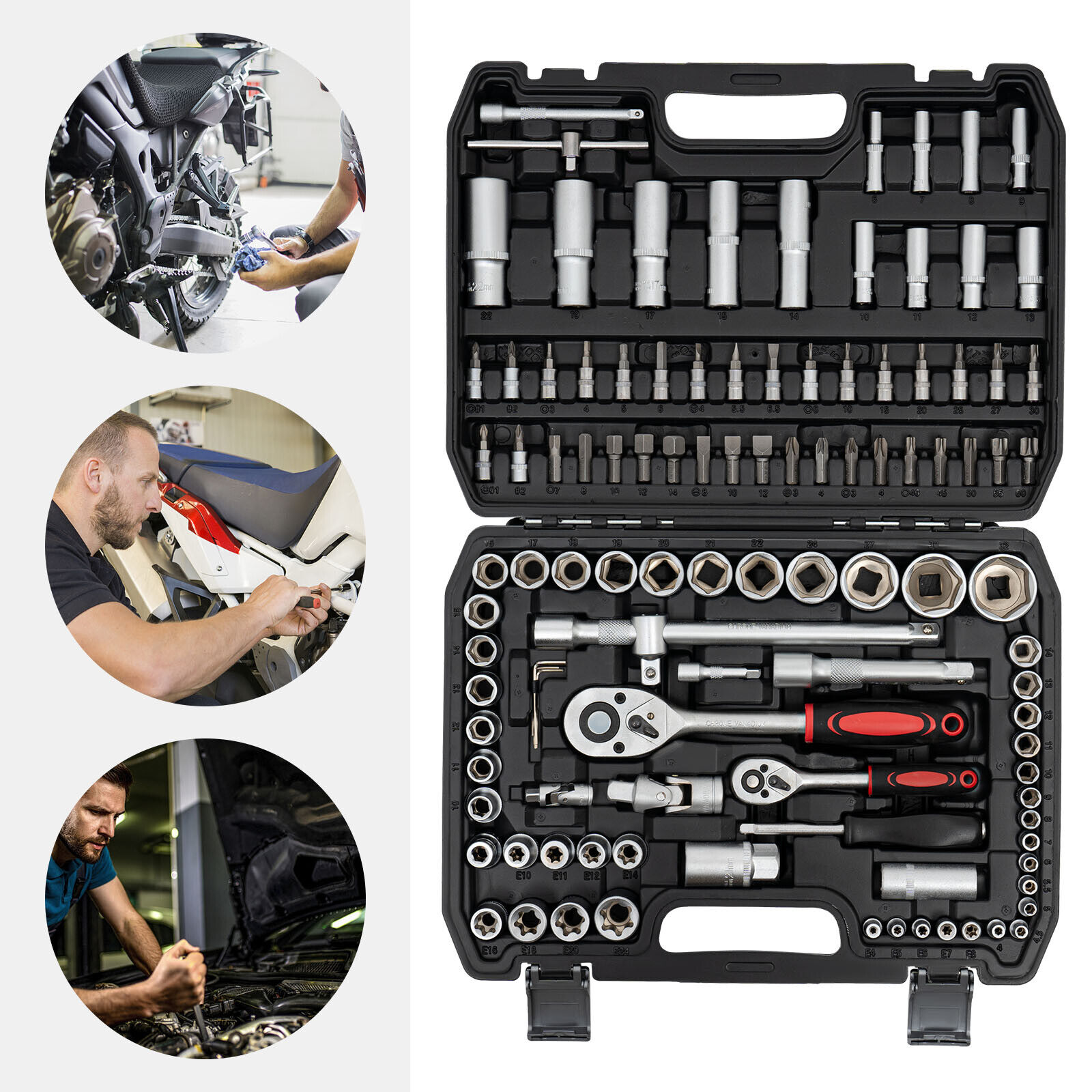 Ratchet Wrench Mechanics Tools Kit Metric 1/4 And 1/2 Drive Socket Set 108Pcs