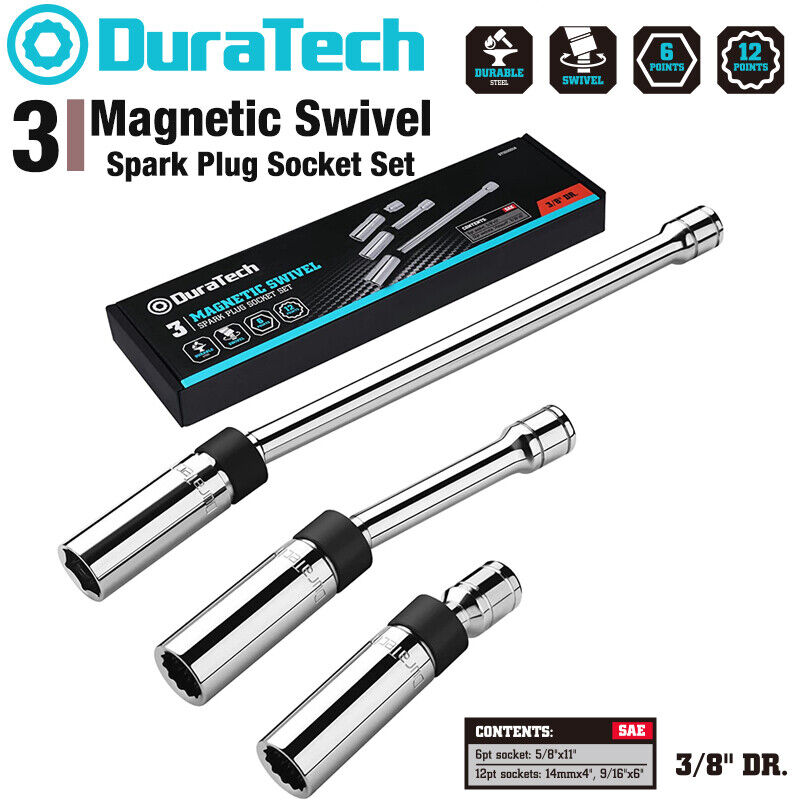 DURATECH 3PCS Magnetic Swivel Spark Plug Socket Set 5/8" 9/16"14MM Steel Sockets