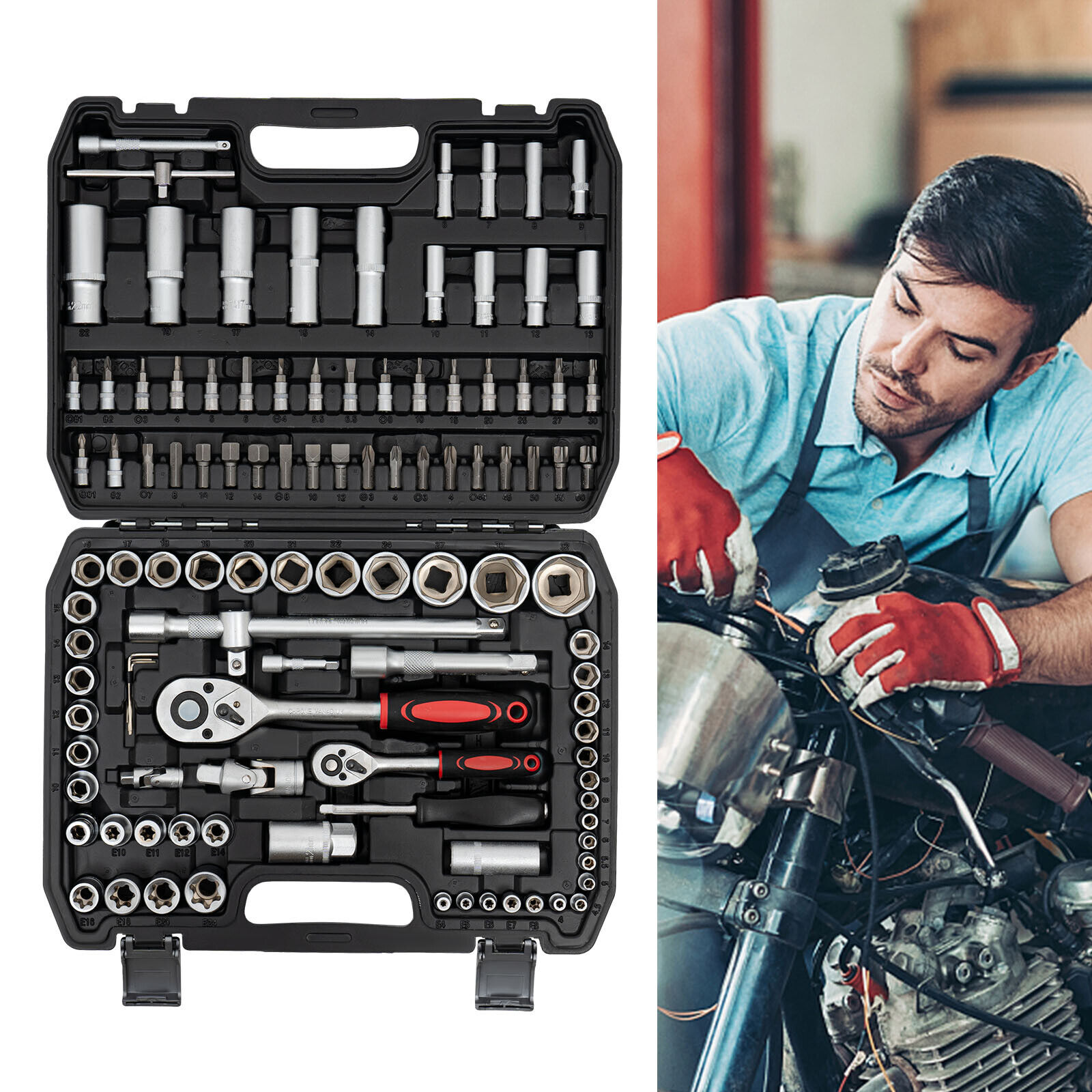 Ratchet Wrench Mechanics Tools Kit Metric 1/4 And 1/2 Drive Socket Set 108Pcs