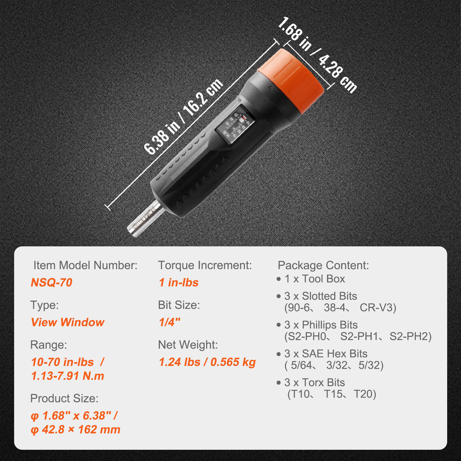 VEVOR Torque Screwdriver 1/4" Range 10-70 in/lb w/ 1 in-lb Increment View Window