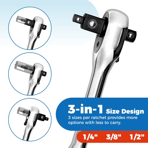 3-IN-1 Ratchet Handle Set, 72-Tooth, Full Chrome