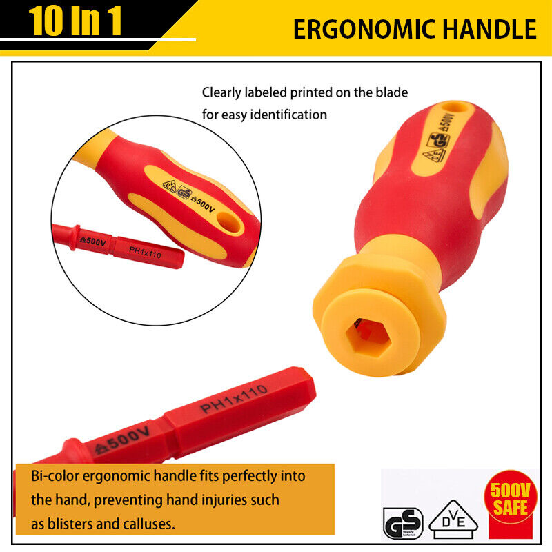 10-in-1 Electrician Insulated Screwdriver Set Magnetic Tip Slotted Phillips Tool