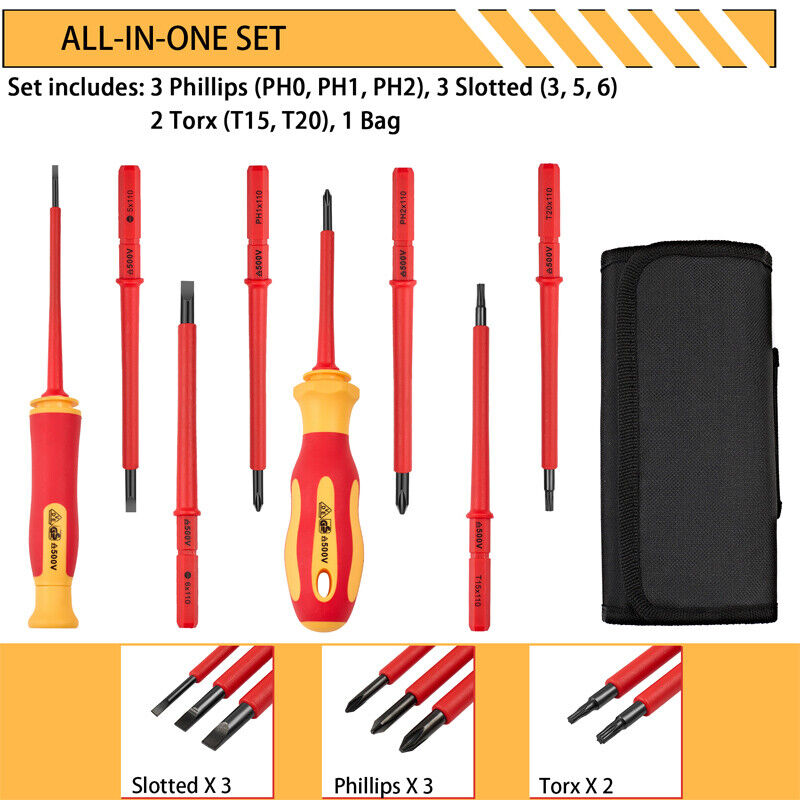 10-in-1 Electrician Insulated Screwdriver Set Magnetic Tip Slotted Phillips Tool