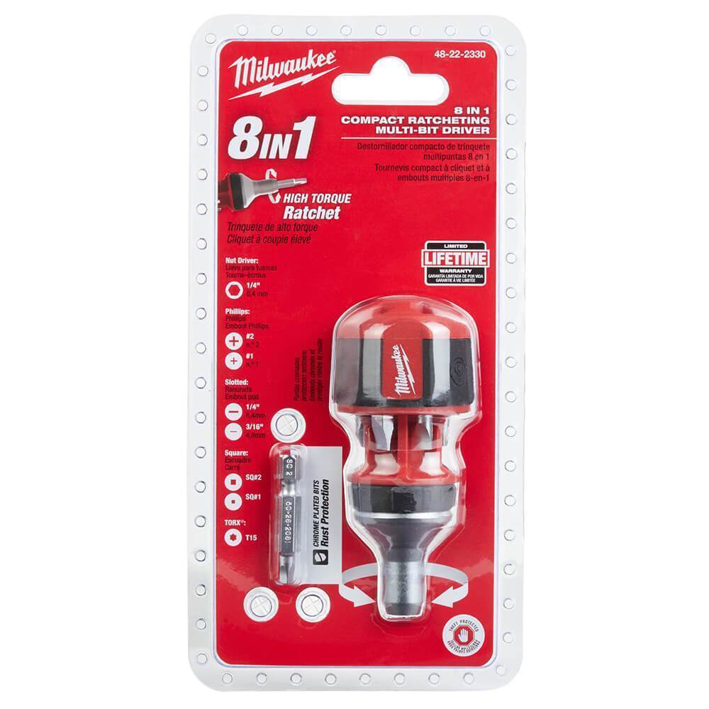 Milwaukee 48-22-2330 8-in-1 Hex Shank Compact Ratcheting Multi-Bit Driver