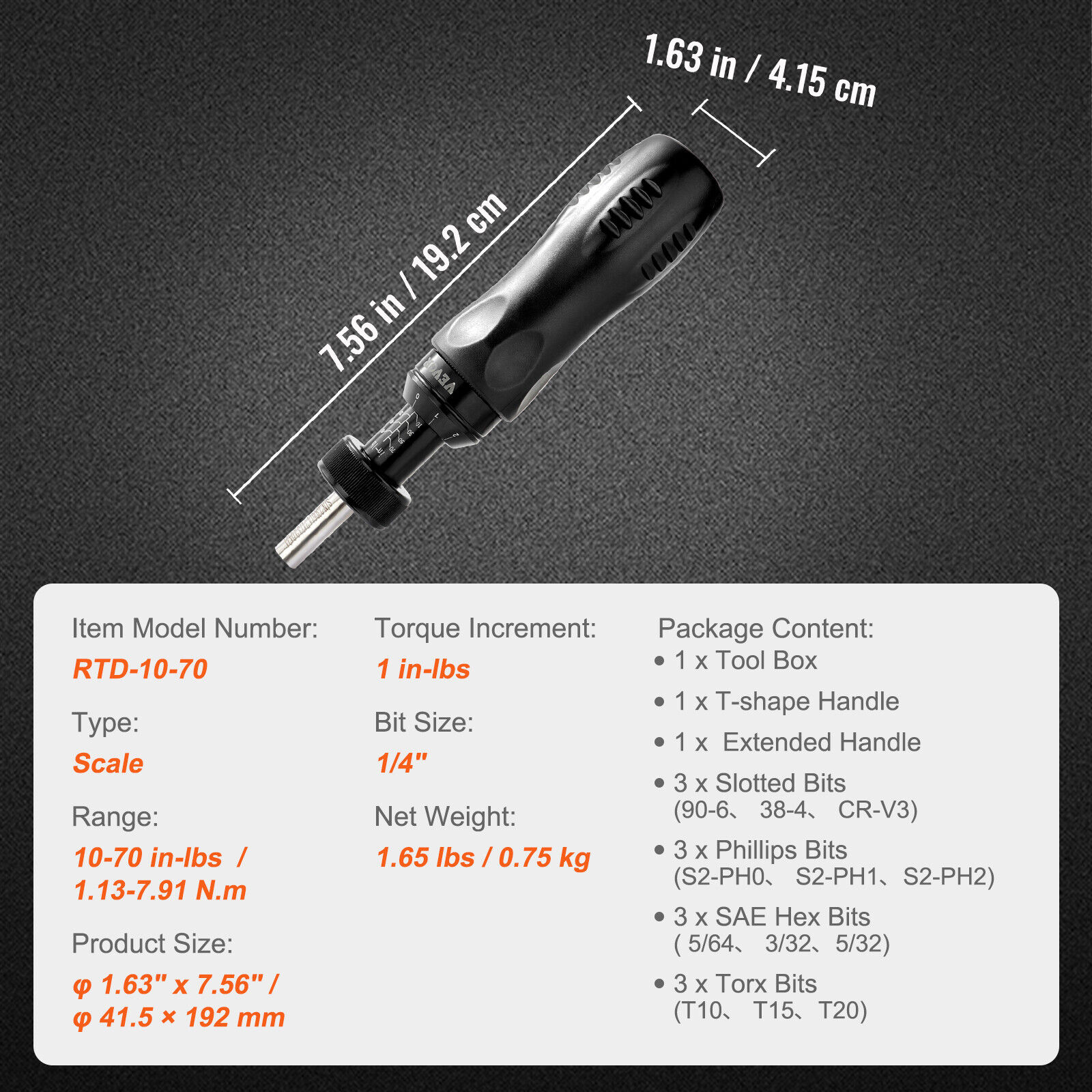 VEVOR Adjustable Torque Screwdriver 1/4" Range 10-70 in/lb w/ 1 in-lb Increment