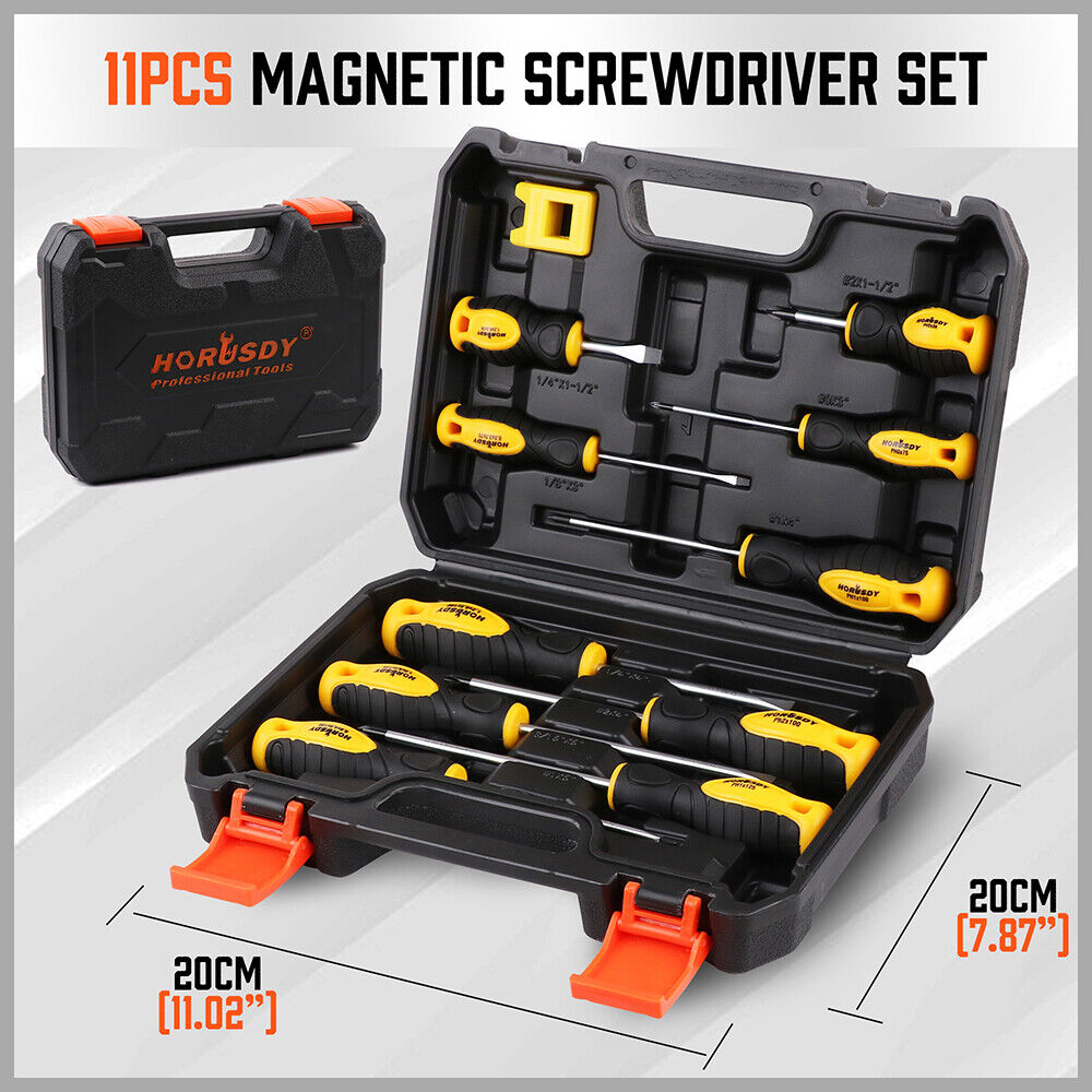 HORUSDY 11Pc Magnetic Screwdriver Set & Case 5 Phillips 5 Flat Tips Demagnetizer