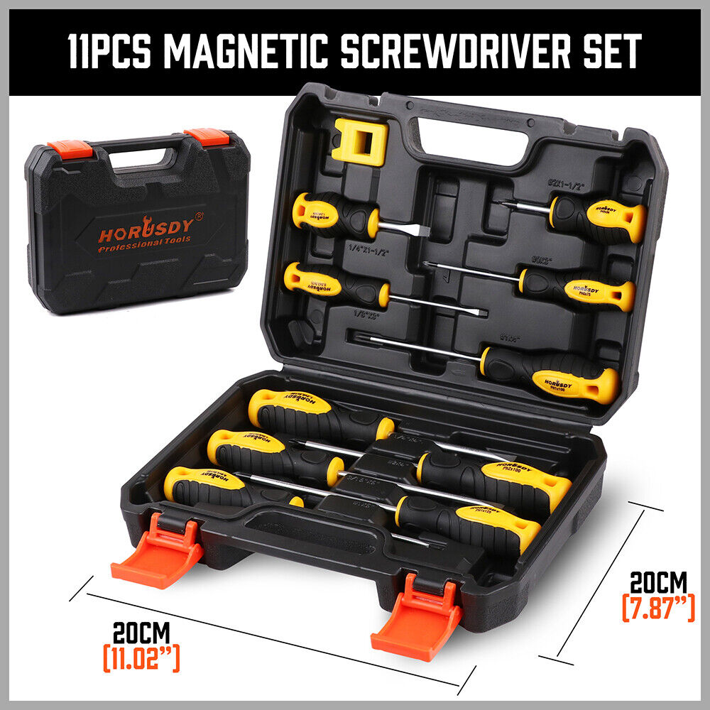11 Pcs Magnetic Screwdriver Set & Case 5 Phillips 5 Flat Head Tips Demagnetizer