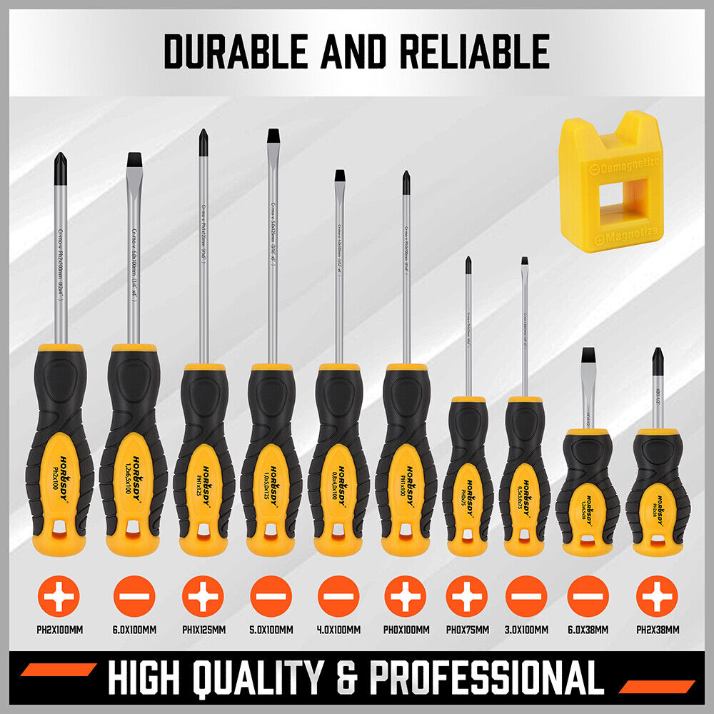 HORUSDY 11Pc Magnetic Screwdriver Set & Case 5 Phillips 5 Flat Tips Demagnetizer