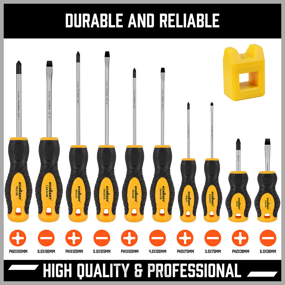 11 Pcs Magnetic Screwdriver Set & Case 5 Phillips 5 Flat Head Tips Demagnetizer