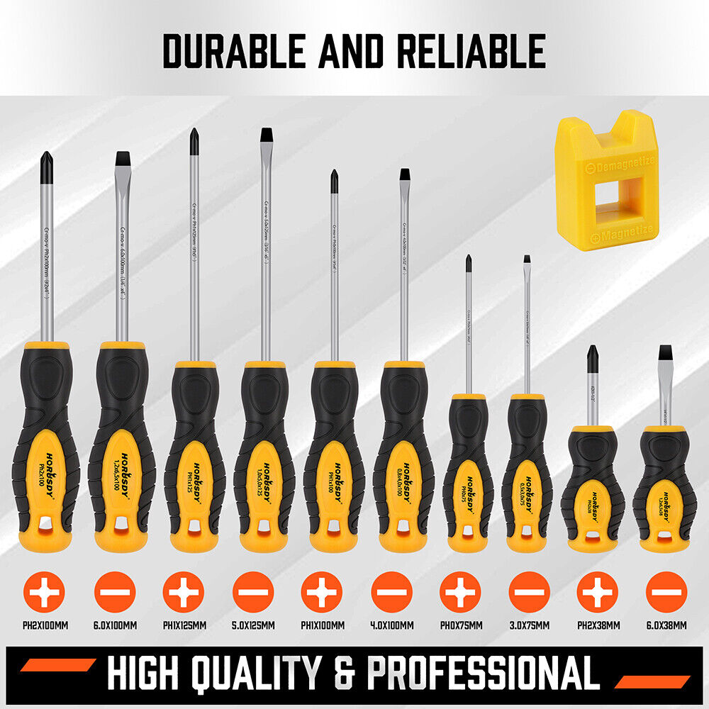 HORUSDY 11Pc Magnetic Screwdriver Set & Case 5 Phillips 5 Flat Tips Demagnetizer