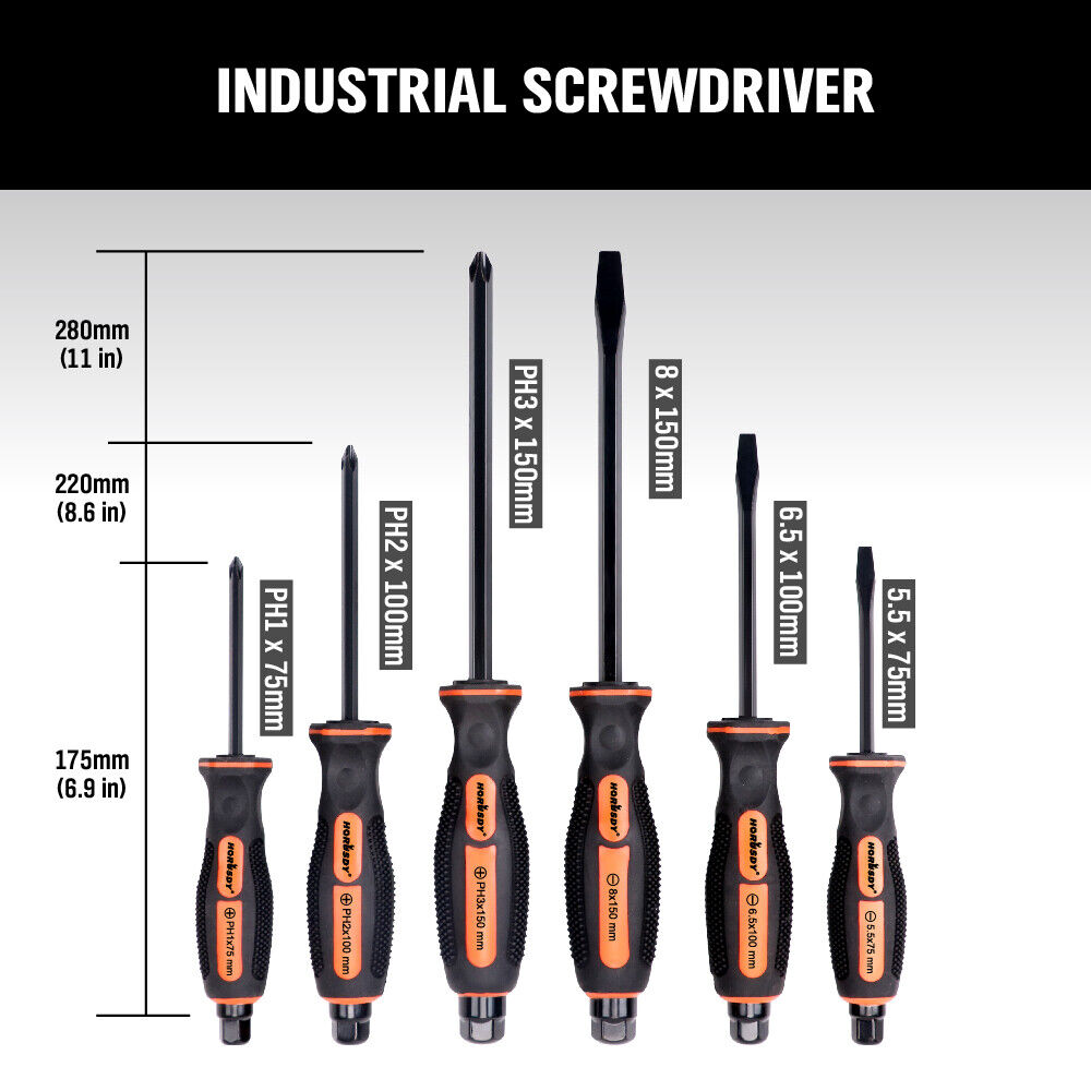 6 PC Hammer Head Screwdriver Commercial Grade Set Magnetic Tip Phillips Flat