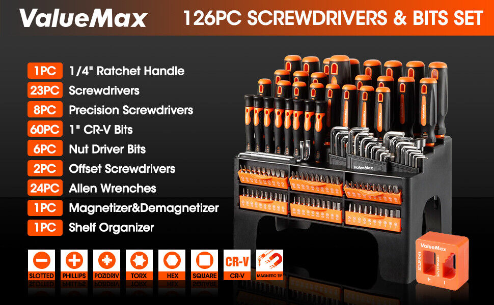 126PC Magnetic Screwdriver Set w/Plastic Racking Organize ‎Chrome Vanadium Steel