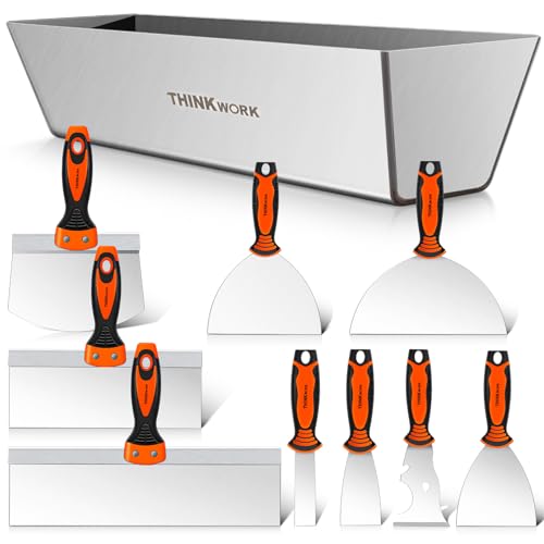 THINKWORK Drywall Knife Set, 10Pcs Drywall Tools Finishing Includes Stainless Steel Putty Knife Set, Taping Knife, Painter Scraper, 14" Drywall Mud Pan and Mud Scoop, Spackle Tool Kit for Drywall Work