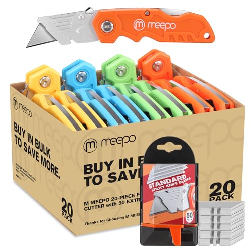 M MEEPO Box Cutter, 20-Pack Tough Folding Box Cutter Bulk for Heavy Duty Purpose, Razor Sharp Utility Knife Bulk, with Extra 50-Piece Blades, Can cut Drywall, Sheet Plastic, Linoleum, Boxes, Rope