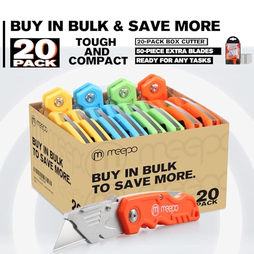 M MEEPO Box Cutter, 20-Pack Tough Folding Box Cutter Bulk for Heavy Duty Purpose, Razor Sharp Utility Knife Bulk, with Extra 50-Piece Blades, Can cut Drywall, Sheet Plastic, Linoleum, Boxes, Rope