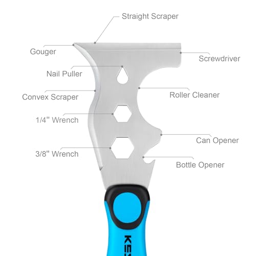 KEZERS 13-In-1 Painter’s Tool, Stainless Steel Putty Knife Scraper, Paint Scraper Tool for Painting & Wood with Metal Hammer End, Multi-Use Drywall Paint Stripper Tool for Scraping Paint & Caulk