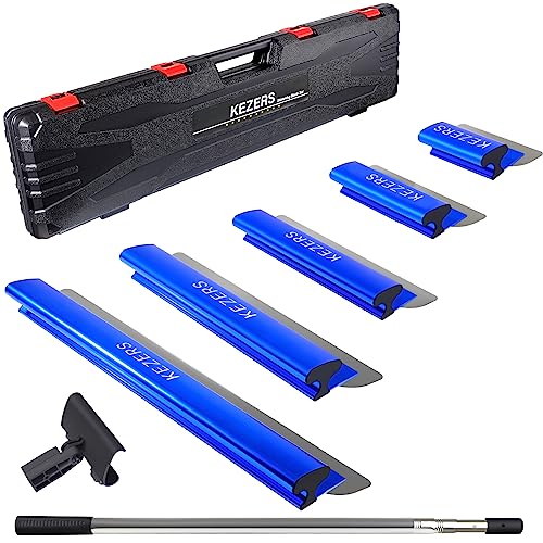 KEZERS Drywall Skimming Blade Set-7",10",14",16" & 24" Skimming Blades + 35"-81" Extension Handle, Stainless Steel Construction Knife,Smoothing Drywall Knife,Extruded Aluminum,High Impact End Caps