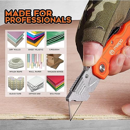 M MEEPO Box Cutter, 20-Pack Tough Folding Box Cutter Bulk for Heavy Duty Purpose, Razor Sharp Utility Knife Bulk, with Extra 50-Piece Blades, Can cut Drywall, Sheet Plastic, Linoleum, Boxes, Rope