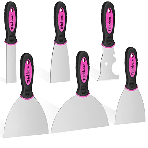 ThinkLearn Pink Putty Knife Set, Drywall Tools1" 2" 3" 4" 6" 8", Stainless Steel Putty Knife, Wallpaper Scraper Tool for Painting, Decorating, Removeing Decals and Mud（6PCS）
