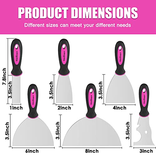 ThinkLearn Pink Putty Knife Set, Drywall Tools1" 2" 3" 4" 6" 8", Stainless Steel Putty Knife, Wallpaper Scraper Tool for Painting, Decorating, Removeing Decals and Mud（6PCS）