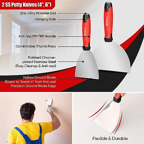 SHALL Drywall Knife Set, 7 Pcs Stainless Steel Drywall Hand Tool Kit Includes Putty knife, Taping knife, Painter Scraper Tool & 12" Mud Pan for Joint Taping, Finishing, Patching on Drywall, Wallpaper