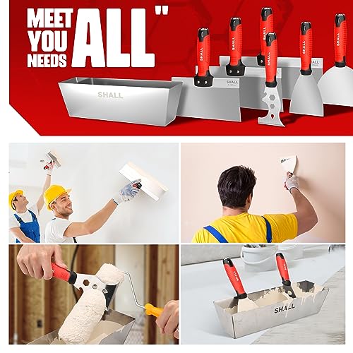 SHALL Drywall Knife Set, 7 Pcs Stainless Steel Drywall Hand Tool Kit Includes Putty knife, Taping knife, Painter Scraper Tool & 12" Mud Pan for Joint Taping, Finishing, Patching on Drywall, Wallpaper