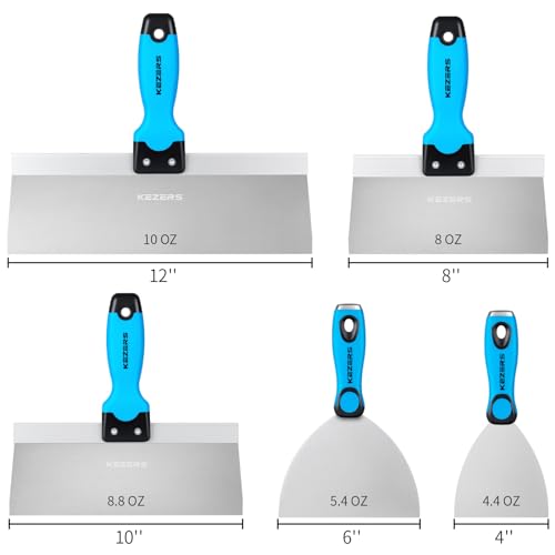 KEZERS Drywall Hand Tool Kit, 5 Pieces 4" 6" 8" 10" 12" Stainless Steel Drywall Knife with Metal Hammer End, includes Putty Knife, Taping Knife with Ergonomic Grip for Drywall Work