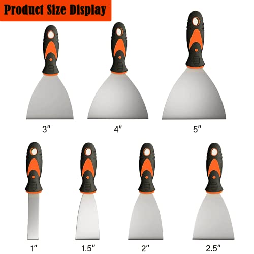 Putty Knife, 7PCS Paint Scraper Spackle Knife, Putty Knife Set, Taping Knives, Metal Putty Scraper, Stainless Steel Scraper Tool for Spreading Drywall Spackle Mud, Taping, Paint, Wallpaper, Decals