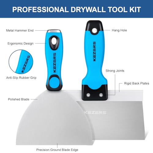 KEZERS Drywall Hand Tool Kit, 5 Pieces 4" 6" 8" 10" 12" Stainless Steel Drywall Knife with Metal Hammer End, includes Putty Knife, Taping Knife with Ergonomic Grip for Drywall Work