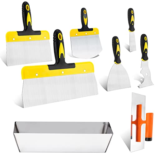 DEKEones Drywall Knife Set, 8 Pieces Stainless Steel Drywall Hand Tool Kit Includes Taping Knives, Putty Knives, Finishing Trowel, Mud Scoop and 12" Mud Pan with Ergonomic Handles for Drywall Work