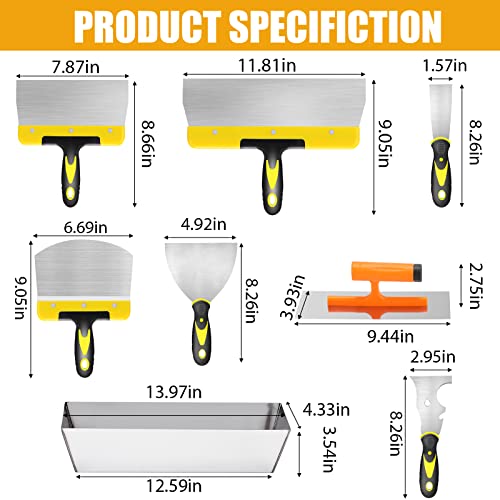 DEKEones Drywall Knife Set, 8 Pieces Stainless Steel Drywall Hand Tool Kit Includes Taping Knives, Putty Knives, Finishing Trowel, Mud Scoop and 12" Mud Pan with Ergonomic Handles for Drywall Work