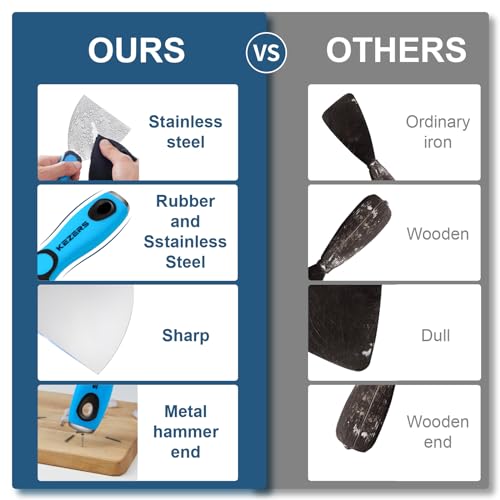 KEZERS Drywall Hand Tool Kit, 5 Pieces 4" 6" 8" 10" 12" Stainless Steel Drywall Knife with Metal Hammer End, includes Putty Knife, Taping Knife with Ergonomic Grip for Drywall Work