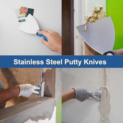 KEZERS Drywall Hand Tool Kit, 5 Pieces 4" 6" 8" 10" 12" Stainless Steel Drywall Knife with Metal Hammer End, includes Putty Knife, Taping Knife with Ergonomic Grip for Drywall Work