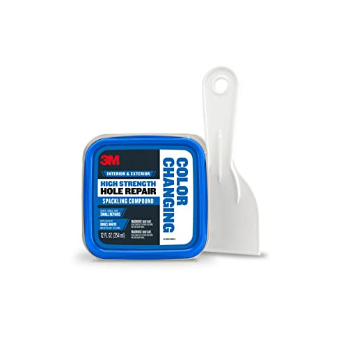 3M High Strength Spackling Compound 12 oz. and Putty Knife, Color Changing, Applies Blue, Dries White, Ideal for Use on Drywall, Plaster, Stoccu and Wood, Easy Interior and Exterior Repairs (CC-SIOC)