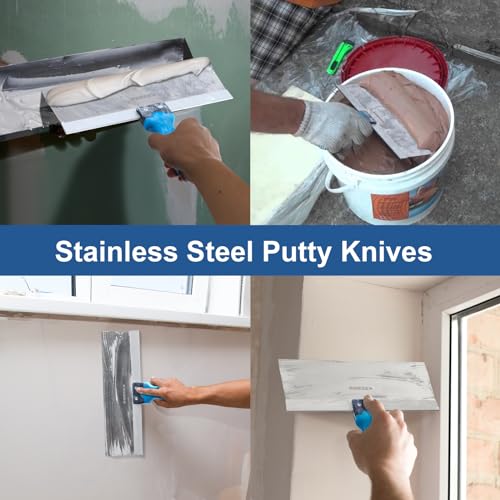 KEZERS Drywall Hand Tool Kit, 5 Pieces 4" 6" 8" 10" 12" Stainless Steel Drywall Knife with Metal Hammer End, includes Putty Knife, Taping Knife with Ergonomic Grip for Drywall Work