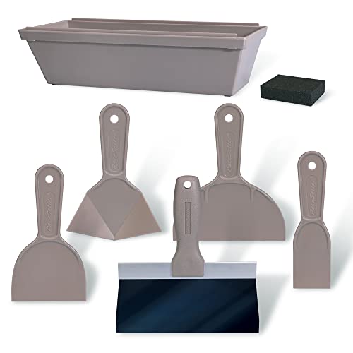 Goldblatt 7-Piece Drywall Hand Tool Kit, with 4 Pieces Plastic Taping Knife Set, 1 Piece Blue Steel Taping Knife, Mud Pad and Sanding Sponge, Perfect for Quick Drywall Finishing and Patching