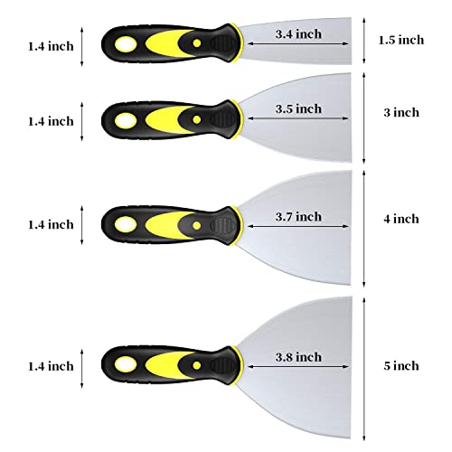 Putty Knife Scrapers, Spackle Knife, Metal Scraper Tool for Drywall Finishing, Plaster Scraping, Decals, and Wallpaper (4 Pack, 5”, 4”, 3”, 1.5” Wide)
