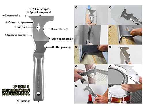 ROLLINGDOG 10 in 1 Painter's Tool - 420 Stainless Steel Mirror Polished One Piece Blade And Laser Engraved Handle,3 inch Multifunction Putty Knife Drywall Paint Scraper