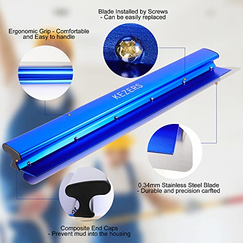 KEZERS 32" /80 cm Skimming Blade, 0.3mm Stainless Steel Blade, Smoothing & Knockdown Drywall Knife, Extruded Aluminum, Durable Wall-Board, High-Impact End Caps